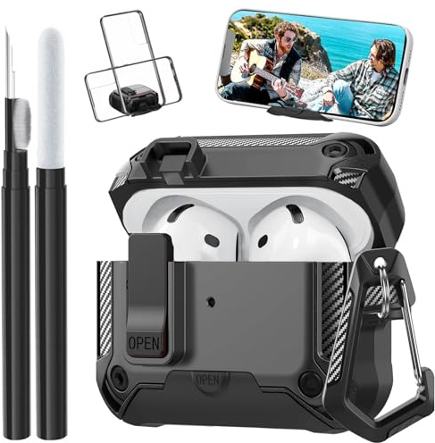 Kompatibel mit Airpods 4 Hülle, Verschlussclip mit Handyständer, robuste Apple Airpods 4. Generation Abdeckung 2024 Männer Frauen, stoßfeste iPod 4 Gen Schutzhülle mit Reinigungsset, Schwarz