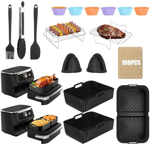 Silicone Air Fryer Liner Accessories for Ninja Foodi Flexdrawer AF500UK AF500UKCP, Reusable 10.4L & 2 * 5.2L Silicone Liner Set with Grilling Rack, Silicone Cup, Oil Brush, Oil Paper, Gloves, Clip