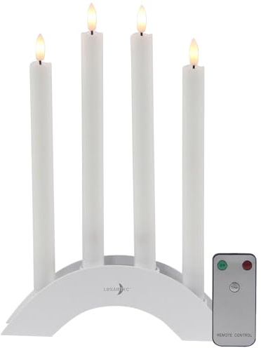 Lunartec Akku LED Kerzen: 4 Akku-LED-Stabkerzen mit Dochten, Bogen-Ladestation, Timer, weiß (Kerzen mit Kerzenhalter, Kerzenlichter mit Docht, Tafel)