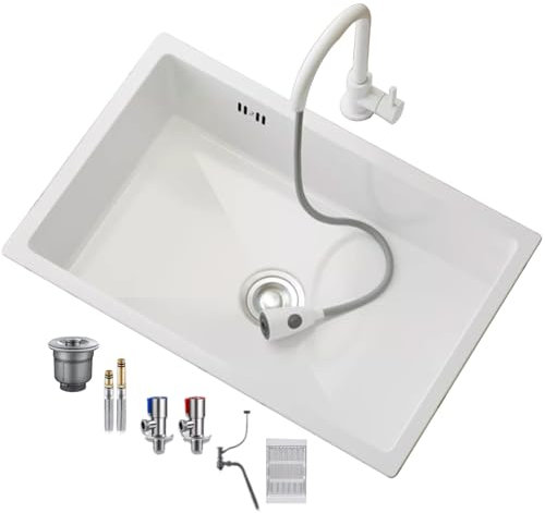 CCKUYT Fregadero de Cocina Blanco, Fregadero de Acero Inoxidable, Fregadero de un Seno, Grifo extraíble Blanco, Fregadero bajo encimera, Accesorios completos