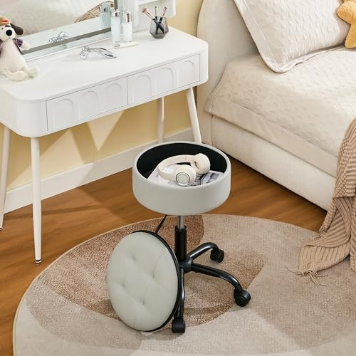 FIRAVOE Rolling Chair (Stool & Small Table in One) (Adjustable Height Leather Pedicure Chair 20.67-24.61), Gray Tattoo Stool with Storage