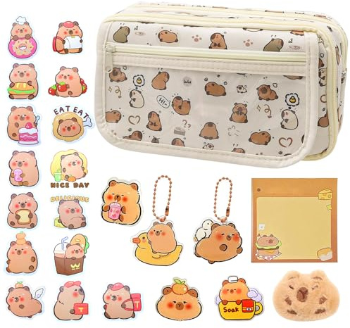 Capybara Federmäppchen,Capybara Pencil Case,Mehrschichtige Federmäppchen mit Reißverschluss,Capybara Schreibwaren Set mit Broschen-Aufklebern Capybara-Puppen Schlüsselanhänger 9 Layer Große Kapazität