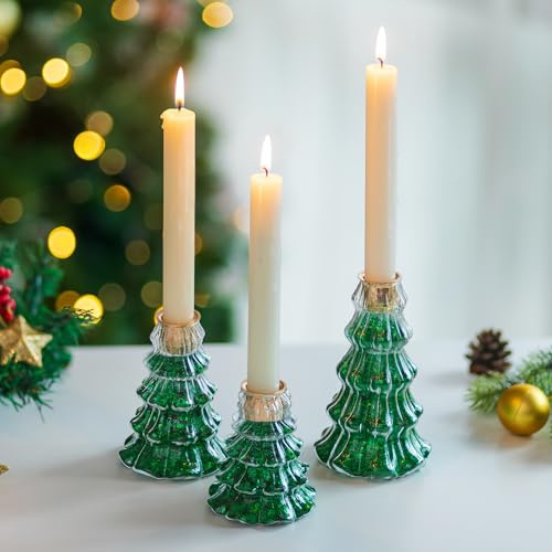 Glasseam Kerzenständer Weihnachten Weihnachtsdeko Tisch: 3pcs Glas Weihnachtsbaum Kerzenhalter Stabkerze Grün Kerzenständer Stabkerzen mit Glitzer Deko Weihnachten für Tischdeko DIY Geschenk
