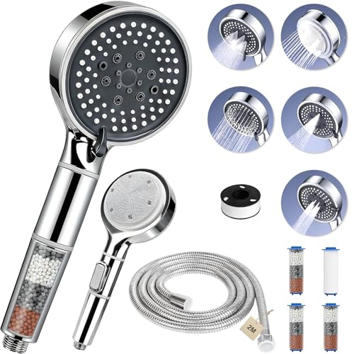 FALSKT 5Modalità Soffione Doccia Anticalcare Doccino per Doccia con Tubo 2M | Soffione Doccia con Filtro Soffione Doccia Anticalcare Telefono Doccia Risparmio Idrico,4 Filtri Doccia