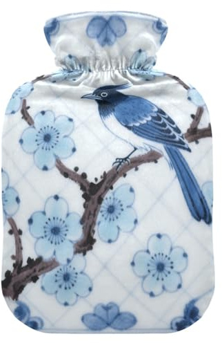 Chinesische Vogel blaue Porzellan-Wärmflaschen mit weichem Bezug, 2 l warme Kompresse für Wärme- und Kältetherapien, Periodenkrämpfe