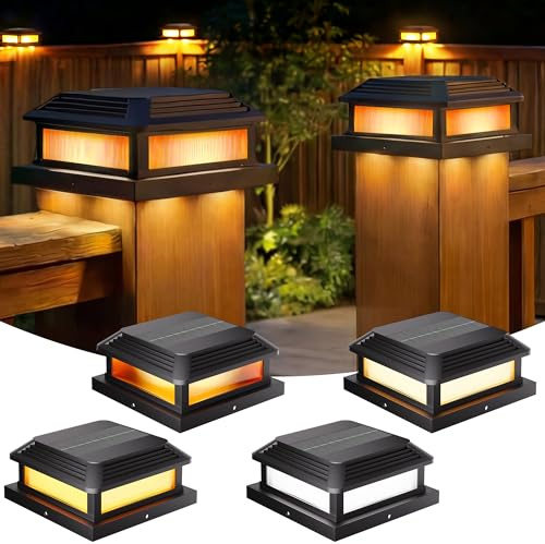Quntis Solar Pfostenkappen Außen 4er Set mit Flammen-Effekt 5 Modi inkl. 3 Farben (Warm-/Kalt-/Neutralweiß) Solarleuchten für Pfosten 9-13cm IP44 Pfostenleuchten Deko für Garten Terrasse WPC-Zaun Tor