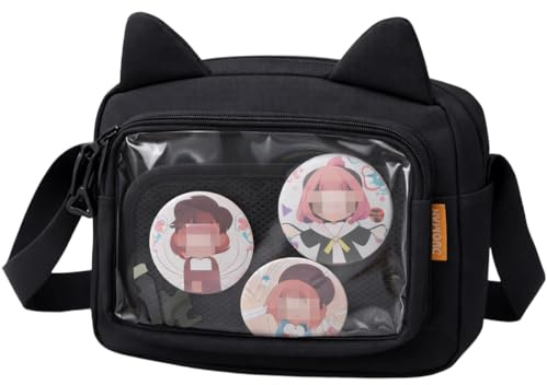 Inshere Kleine Ita Messenger Tasche für Damen, Kawaii Crossbody Tasche mit transparentem Pins Display-Fenster, Nylon Schultertasche mit mehreren Fächern