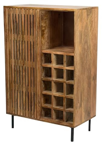 FineBuy Hausbar Mango Massivholz 80x123cm Barschrank mit Schiebetür im Gitter-Design - Bar Schrank Weinaufbewahrung - Spirituosenschrank mit Metallbeine und Weinregal Handmade