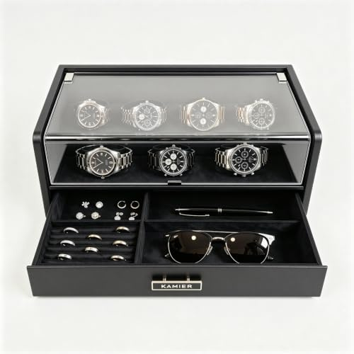 KAMIER Uhrenbox mit 7 Fächern, PU-Leder Uhrenvitrine mit Glasdeckel | Schublade, Uhrenkasten mit weichem Samtinnenfutter, Premium-Uhrenaufbewahrung für Uhren, Brillen und Schmuck, Watch Box