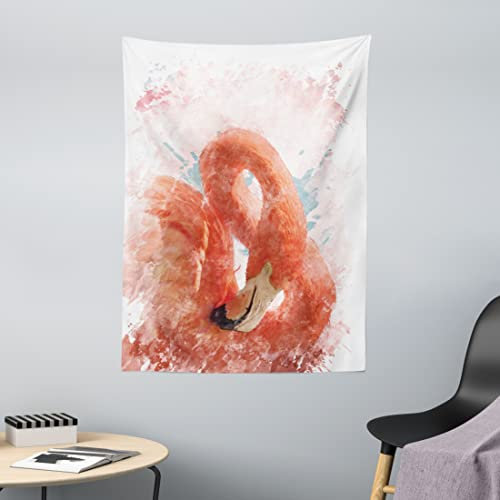 ABAKUHAUS Flamingo Wandteppich, Exotischer Vogel-Aquarell aus Weiches Mikrofaser Stoff Waschbar ohne Verblassen Digitaldruck, 110 x 150 cm, Orange Weiß