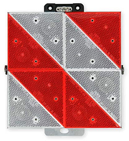 Kleine Park-Warntafel (285 mm x 285 mm) mit 8 rot-weißen Prismenrückstrahlern – auf Aluminium genietet – rechts- oder linksweisend – horizontal klappbar mit Drehwirbel zum Verschließen (rechtsweisend)