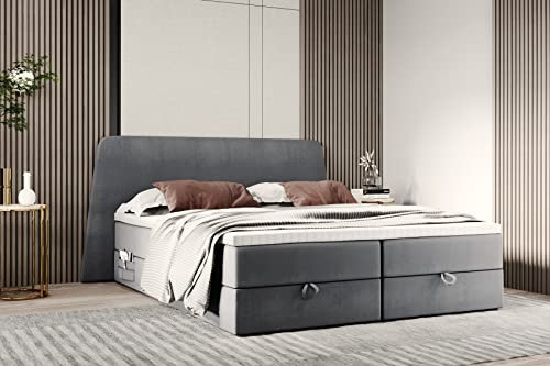 TRADA Ronda Boxspringbett mit Bettkästen und Bett-Tasche Modernes Kopfteil (Grau, 180 x 200)