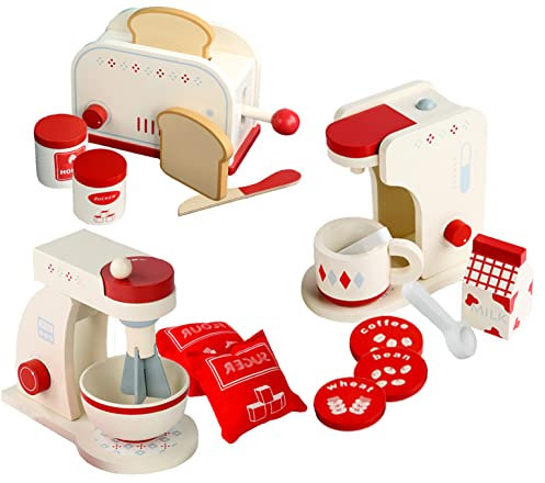 Sobebear Combo Pack- Children Wooden Toaster, Beater & Coffee Machine Playset, Pretend Play Food Set with Washable, Realistic & Colorful Mini Wooden Kitchen Toy Accessories for Boys & Girls 3 + Years