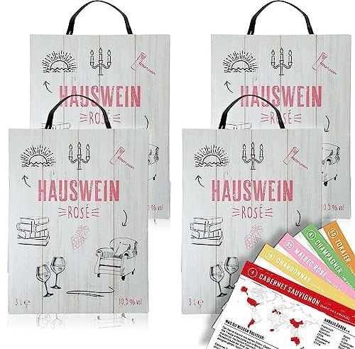 Hauswein Rosé, halbtrocken, Bag-in-Box, sortenreines Weinpaket + VINOX Winecards (4x3,0l)