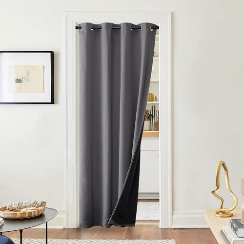 PONY DANCE Rideaux Occultant - Rideau Porte Anti Bruit Anti Froid Isolation Thermique Draperies à Oeillets Décoration Fenetre Doublés de Noir Décor Chambre, Gris, 140 x 220 cm, 1 Panneau