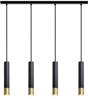 ouglres Pendelleuchte 4 Flammig Schwarz Gold,Modern Stab Hängelampe Esstisch,Aluminium Esstischlampe Hängend,Vintage Holz Hängeleuchte für Kücheninsel,Wohnzimmer,Hotel,Esszimmer,Restaurant,Büro,Gu10