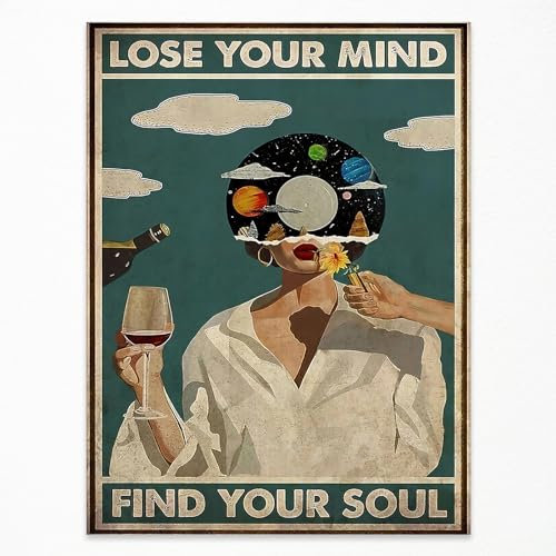 DOLJKCS Poster Lose Your Mind Find Your Soul, Vintage, Mitte des Jahrhunderts, moderne Wandkunst, psychische Gesundheit, Leinwanddruck, maximalistische Wanddekoration, Wohnzimmer, Mädchen,
