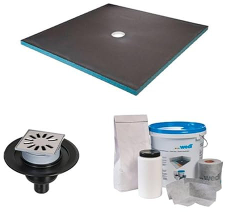 Wedi Receveur de Douche à carreler 120 x 120 - kit Complet à carreler avec bonde Verticale et kit d'étanchéité
