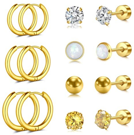 AVYRING 7 paia di orecchini a perno da donna, 20 g, orecchini a cerchio con zirconia cubica, margherita, cuore, nappe, in acciaio chirurgico ipoallergenico, impilabili, orecchini a cerchio da donna,