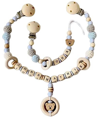 2er Set Kinderwagenkette & Kette personalisiertes baby geschenk mit Namen für Mädchen oder Junge Baby Geschenk personalisiert zur Geburt & Taufe (2er Set Bär Blau)