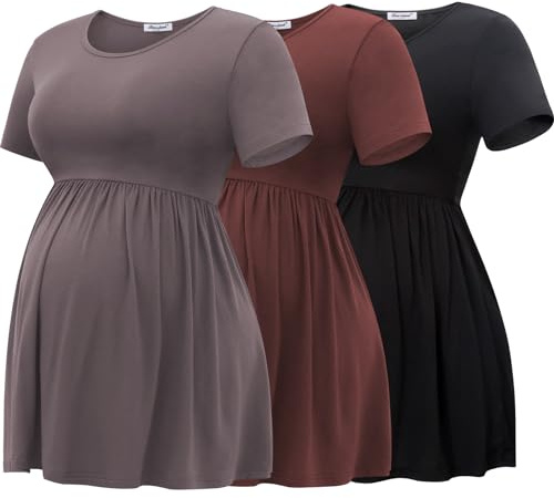 Bearsland Maternity Tops Short Sleeve Scoop Neck Breastfeeding T-Shirt Pregnancy Clothes, Black&Nutshell&Coppery Brown, M