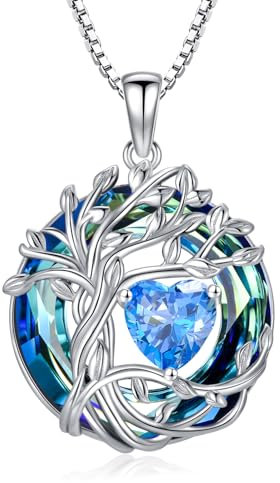 TOUPOP Tree of Life Necklace 925 Sterling Silver Heart Aquamarine March Birthstone Pendant Necklace Irish Family Jewellery Gifts for Women Her Mum Wife Anniversary Birthday Graduation Gift