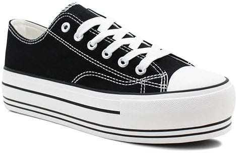 IMTY Womens Platform Canvas Trainers Lace Up Chunky Sole Baseball Sneakers Ladies Flat Low Top Fashion Trainer Pumps (Black, UK Footwear Size System, Adult, Women, Numeric, Medium, 6)