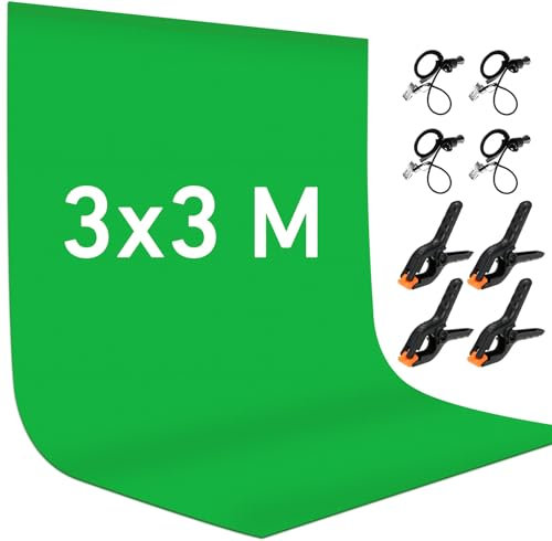 YZNT 3x3m Green Screen Background, 100% Polyester Photo Backdrop Machine Washable with 4 Clamps & 4 Side Clips, Ideal for Live Streaming, Portrait Shooting, Product Photography, and Video