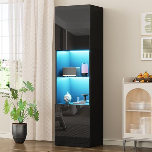BENMWS Hochglanzvitrine,mit LED-Beleuchtung,1 Glasböden,Vitrinen,freistehende Vitrinen,Hochschränke,Lagerschränke,40x160cm (Schwarz)