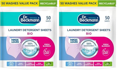 Dr. Beckmann Laundry Detergent Sheets BIO | Fresh Blossom | MAGIC LEAVES | Pre-dosed | 50 sheets (Pack of 2)