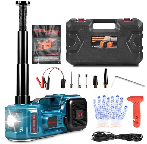 ONEVAN Cric Électrique 5 Tonnes, Kit Hydraulique avec Écran LCD & Indicateur de Pression, Plage de Levage 13,5-45cm, Cric Hydraulique avec Gonfleur de Pneus pour Auto/SUV/Camion, Changement de Pneus