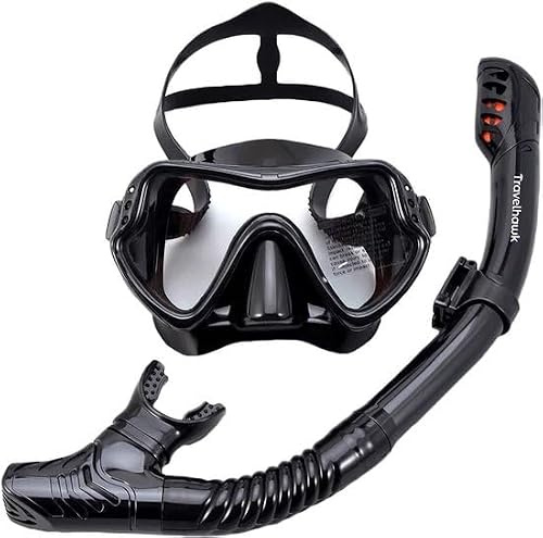 TravelHawk Schnorchelset Svart - Dykmask med snorkel, snorkelmask för barn och vuxna, Anti-imma och Dry Top dykglasögon med 180° siktfält, Komfortabelt & Säkert