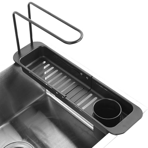 Support d'évier extensible – Organiseur de séchage de vaisselle en acier inoxydable, support de panier de vidange télescopique, de rangement robuste pour ustensiles, éponges, égouttoir d'évier