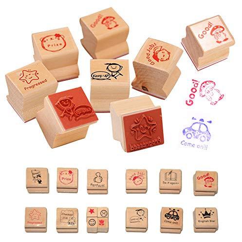 EQLEF 15 PCS hölzerner Karikatur-DIY Stempel-Lehrer Anmerkungen Ermutigen Sie Stempel