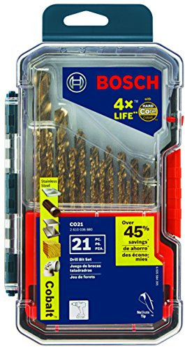 BOSCH CO21 - Juego surtido de 21 piezas con estuche incluido, brocas de metal cobalto con vástago de tres planos para aplicaciones de perforación en acero inoxidable, hierro fundido, titanio, metal de