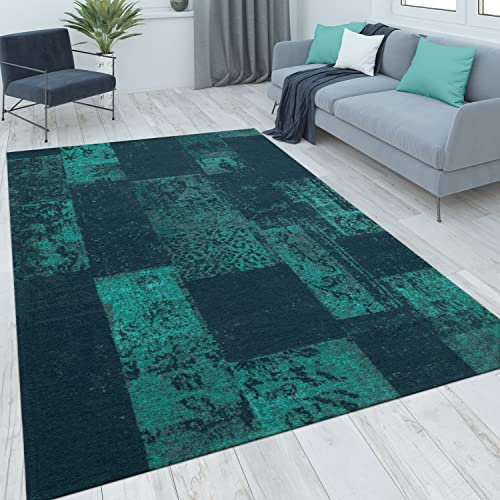 Paco Home Teppich Wohnzimmer Schlafzimmer Kurzflor Vintage Orientalisches Abstraktes Muster Ornamente Moderne Deko, Grösse:80x250 cm, Farbe:Türkis