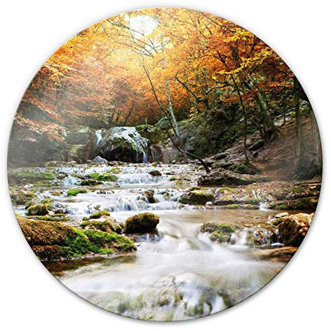 Herbst Deko Wasserfall Glasbild Autumn Waterfall Wandbild aus Glas Natur Bach rund Ø 30cm Glasposter