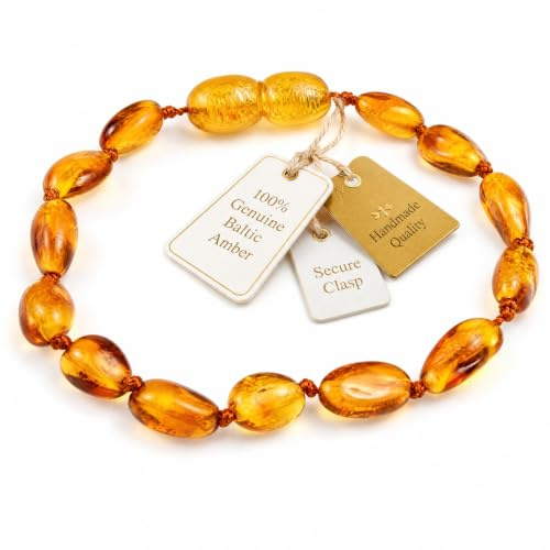 SilverAmber New Baltic Amber Anklet Bracelet Cognac - Handmade 100% Genuine Amber Bean Beads - Premium Quality - Sizes 12-26 CM