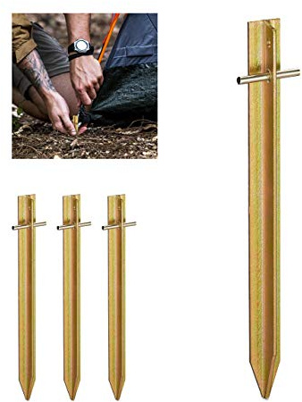 Relaxdays Heringe, Stahl, T-Profil, 30 cm lang, Öse, 4er Set Zeltheringe, stabil, schlagfest, Camping und Garten, Gold