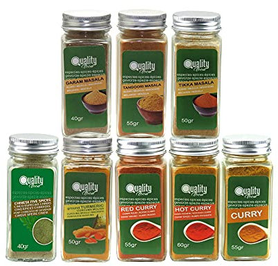 Pack d'épices Masala. Idéal pour cadeaux et l'usage quotidien. 8 bocaux en verre, réutilisables. 5 épices chinoises, Curry doux, piquant et rouge, Garam Masala, Tikka Masala, Tandoori Masala