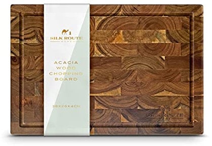 Silk Route Home Premium Acacia Butcher Block – 38 × 26 × 4 cm – Knife‑Friendly, Spill‑Guard Juice Groove & Finger‑Grooves – Heavy‑Duty Wood Chopping/Serving Board