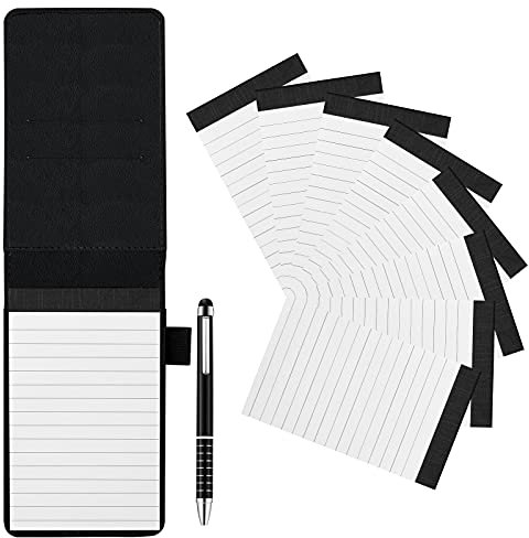 KINBOM Kleiner Leder Notizblock Halter mit 8 Stück 7,6x12,7cm Ersatz-Notizblöcken und einem Metallstift Multifunktionaler Tragbarer Mini Notizblock Notizbuch für Erwachsene Studenten (Schwarz)