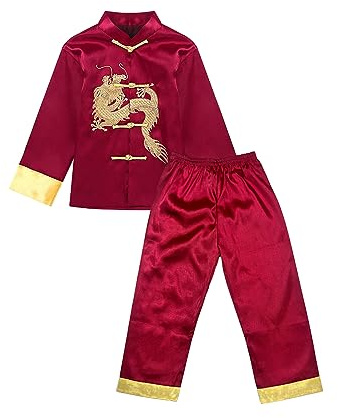 KKmeter Kids Boys Traditional Chinese Kung Fu Outfit Embroidery Dragon Tang Uniform Martial Arts Suits (4-5, Burgundy)