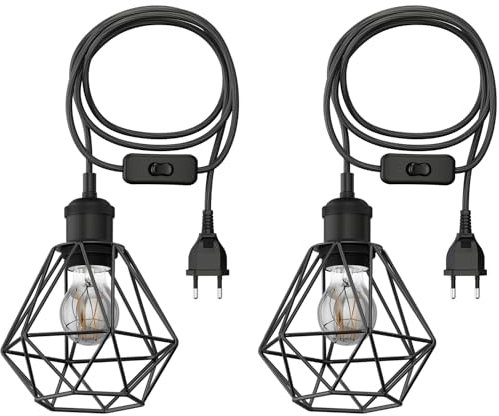 ledscom.de 2 Stück 3 m Textilkabel RETRA, Vintage, Stecker, Schalter, schwarz, Käfig-Schirm + LED Lampe 370lm, extra-warmweiß