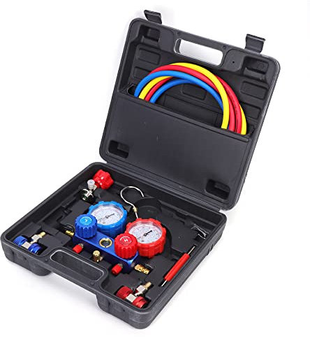 Monteurhilfe Klimaanlage 2-Wege Manifold Messgerät Passt für R134a, R22, R12,R410A,R404A und R502 Manometer Werkzeug mit Druckadapter, Adapter, Aufbewahrungskoffer