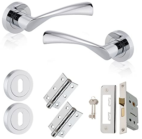 XFORT Polished Chrome Warped Lever On Rose Lock Pack, with Ball Bearing Hinges, Escutheons & A Sashlock, Ideal for Internal Wooden Doors for Home and Office.