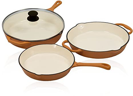 Mahlzeit Juego de Sartenes Redondas de Hierro Fundido Esmaltado Sunny Orange | 3 Piezas | Ø 24cm, Ø 29,5cm, Ø 29cm | Sartén con Tapa, Sartenes con 2 Picos | Ollas de Cocina Esmaltadas