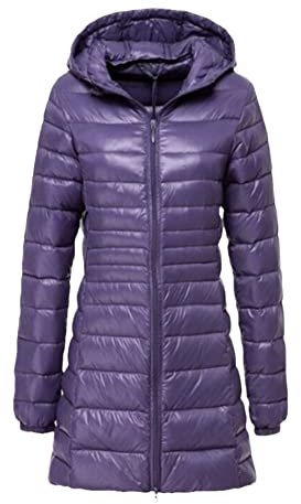 Piumino lungo da donna ultra-leggero piumino con cappuccio, Viola, M