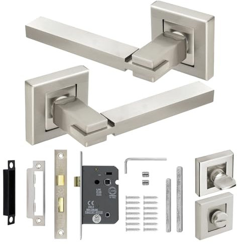 Decoranddecor Nexus Brushed Chrome Internal Door Handles – Aluminium Silver Handle Sets with Bathroom Lock and Turn Release – Sleek and Durable Design for Wooden Interior Doors