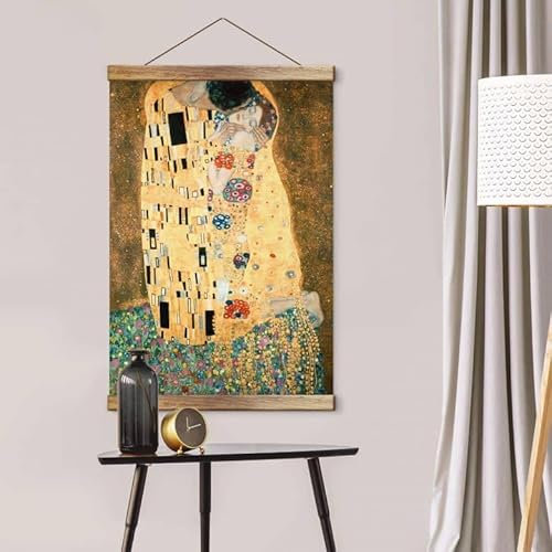 K&L Wall Art Vintage Stoffbild Poster Klimt Der Kuss Gold Kunstdruck Banner ohne Zubehör Jugendstil Deko Gemälde auf Stoff 40x60cm